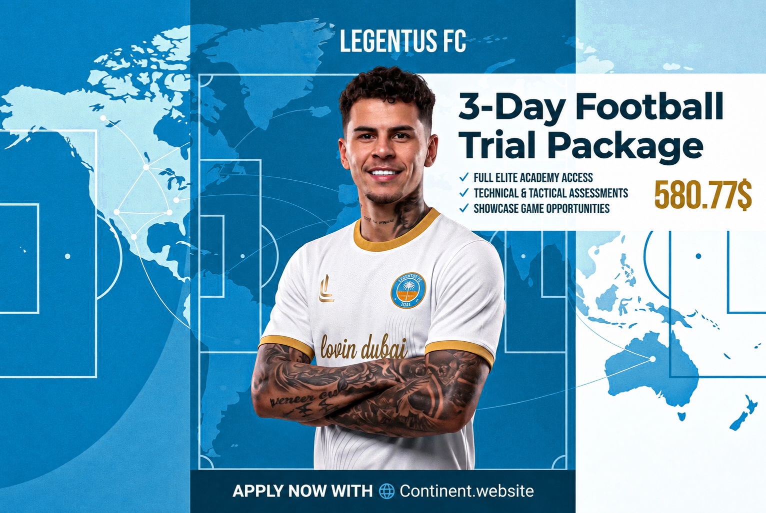 LEGENTUS FC Dubai 3-Day Football Trial package with blue turquoise football background